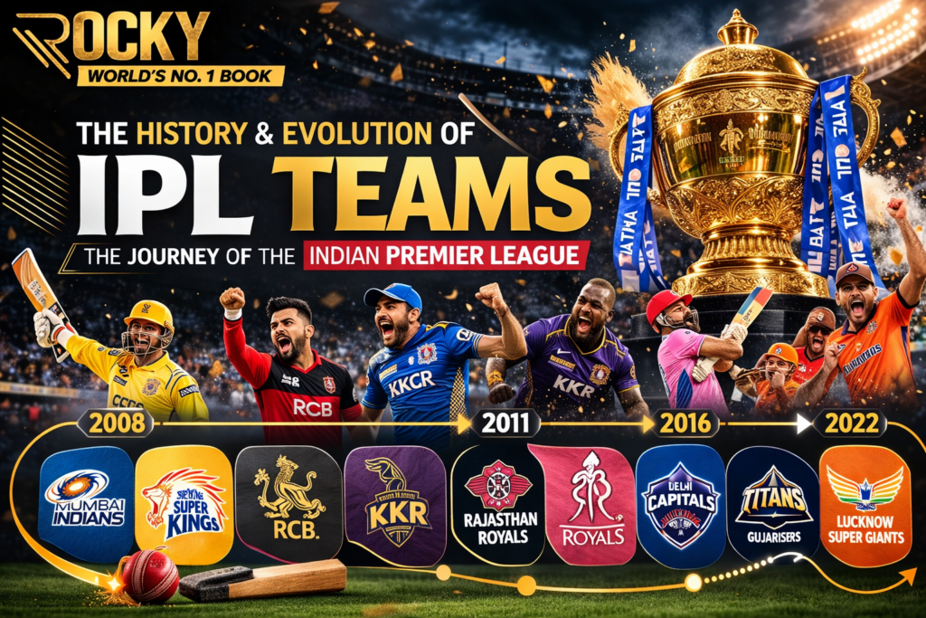 History and evolution of IPL teams with Rocky World's No.1 Book logo and IPL trophy
