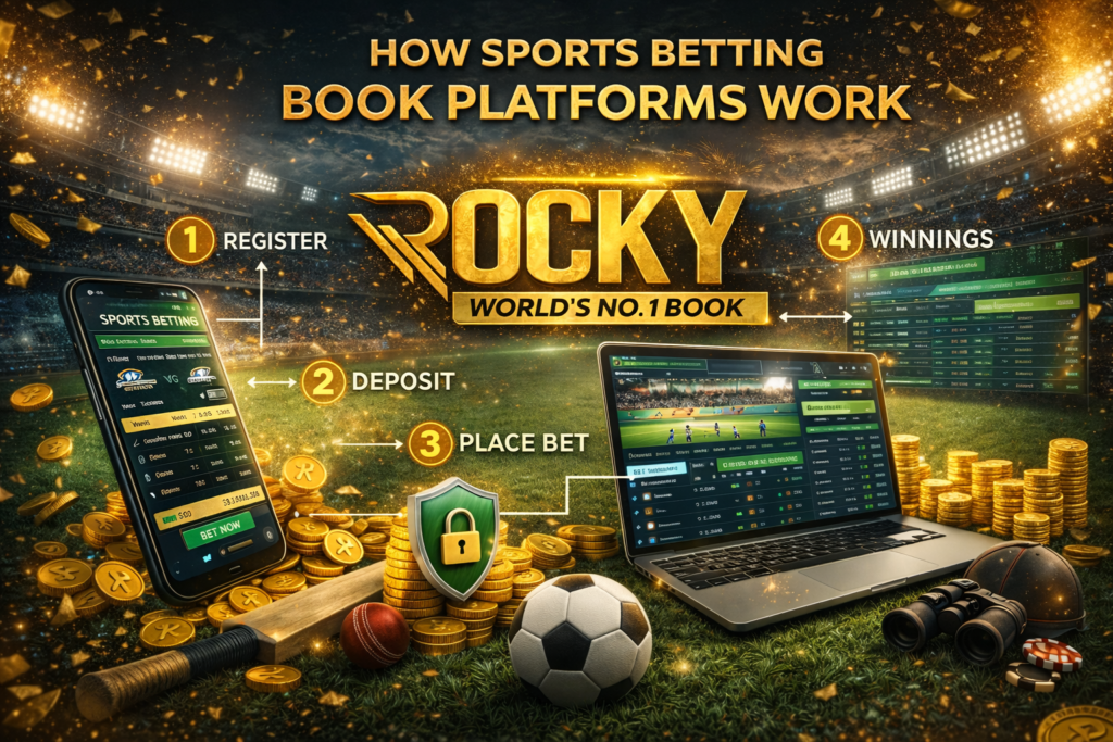 How sports betting book platforms work on Rocky sportsbook showing registration, deposit, place bet and winnings process