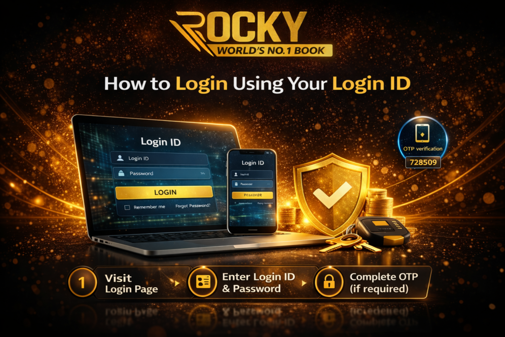 How to login using login ID on Rocky World's No 1 Book platform with secure account access and OTP verification 