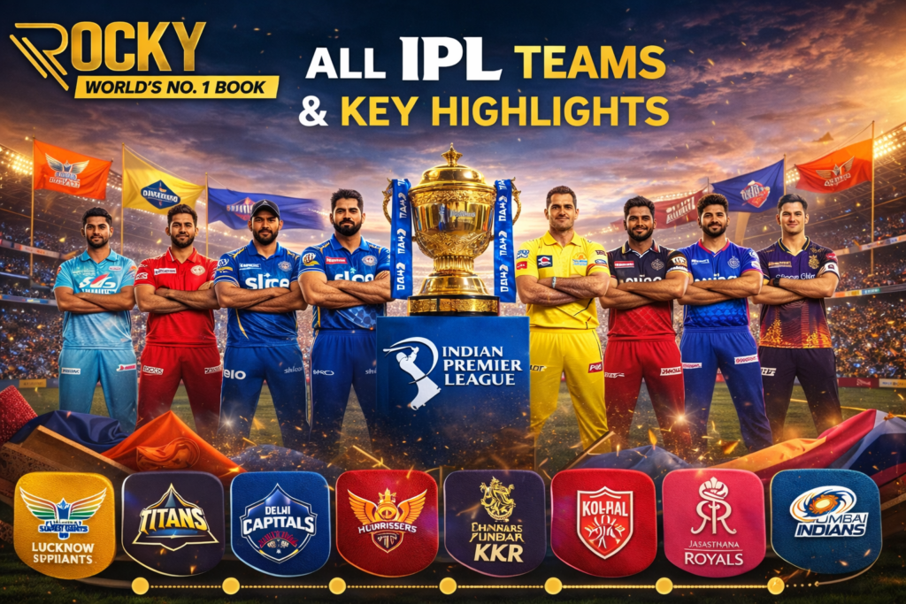 IPL teams list including Mumbai Indians, Chennai Super Kings, RCB and other franchises with Rocky World's No.1 Book logo