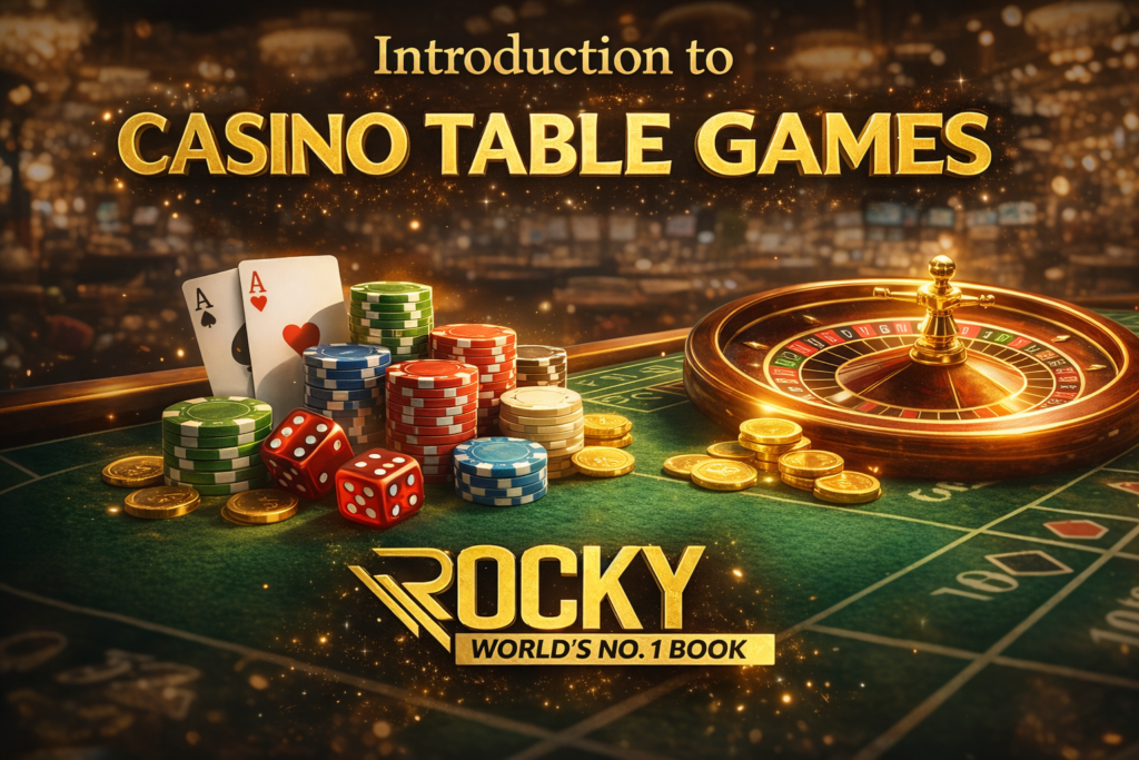 Casino table games introduction with poker cards, roulette wheel, casino chips and Rocky World's No.1 Book logo