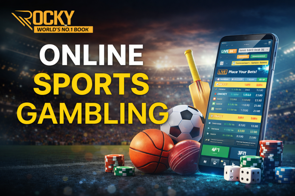 Online Sports Gambling Platform with Rocky Book logo and live sports betting interface