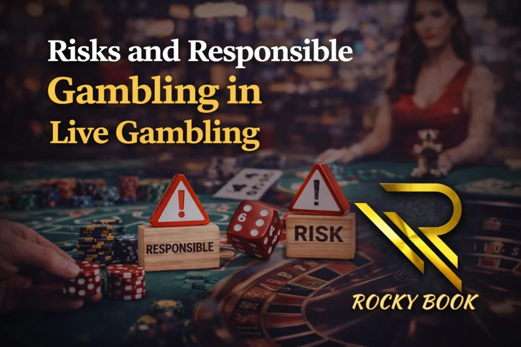 Risks and responsible gambling in live gambling with warning signs dice chips and Rocky Book logo