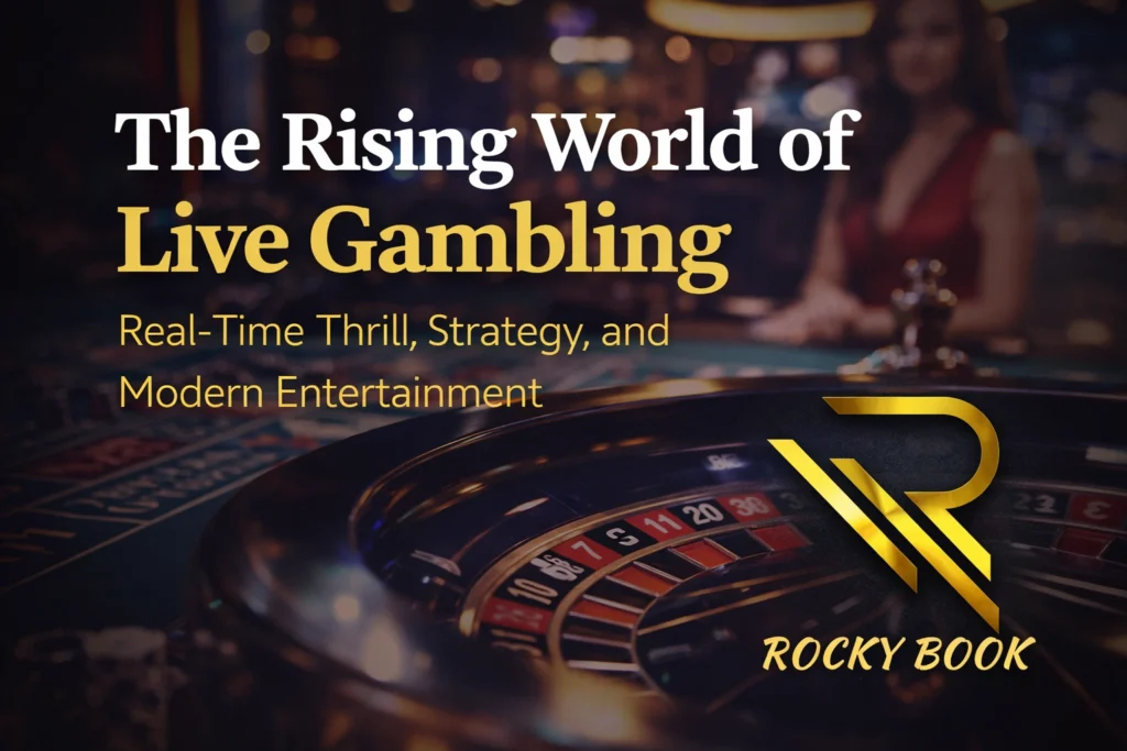 Live gambling real-time casino experience with roulette wheel and Rocky Book logo