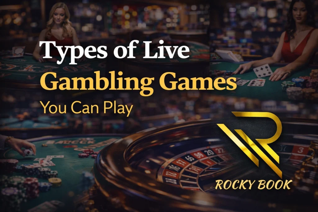 Types of live gambling games including blackjack roulette baccarat and poker with Rocky Book logo