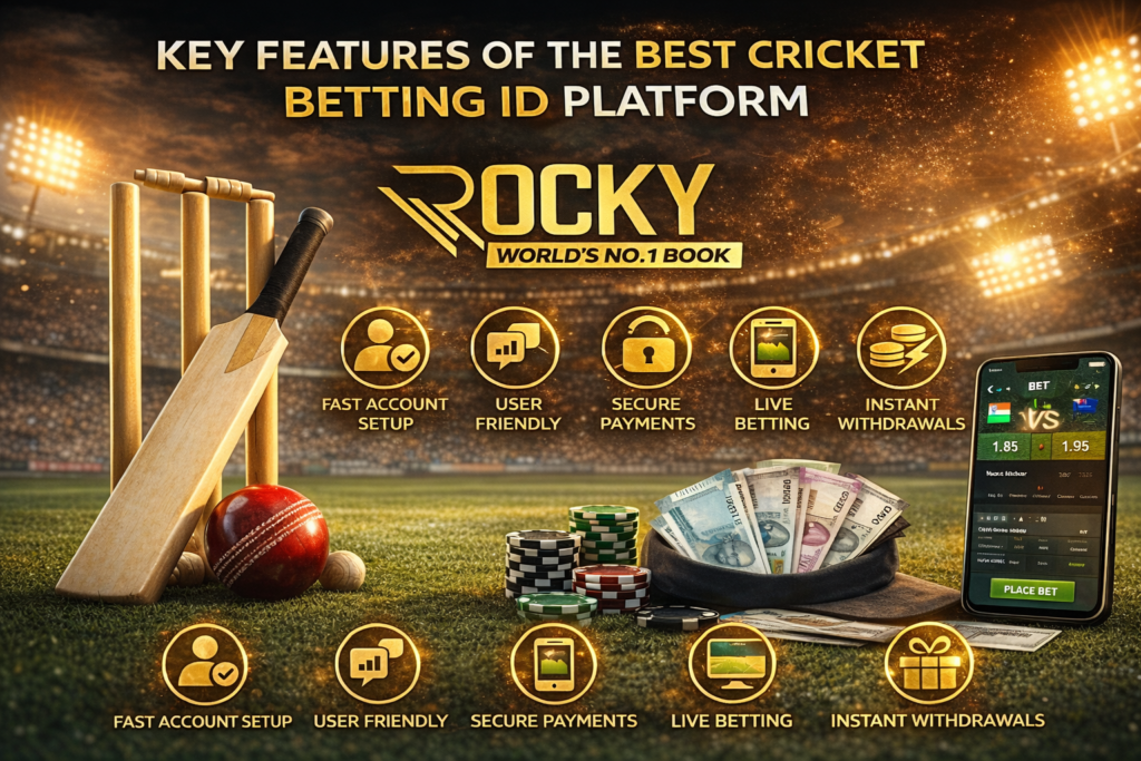 Key features of the best cricket betting ID platform with Rocky World's No.1 Book logo showing secure payments, live betting and fast withdrawals