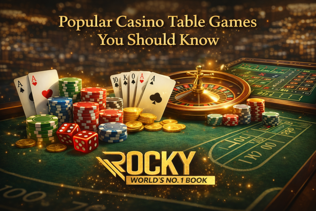 Popular casino table games including blackjack cards, roulette wheel, casino chips and Rocky World's No.1 Book logo