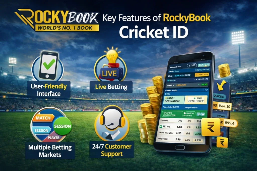 Key features of RockyBook Cricket ID including live betting, fast deposits, user-friendly interface and secure transactions in India