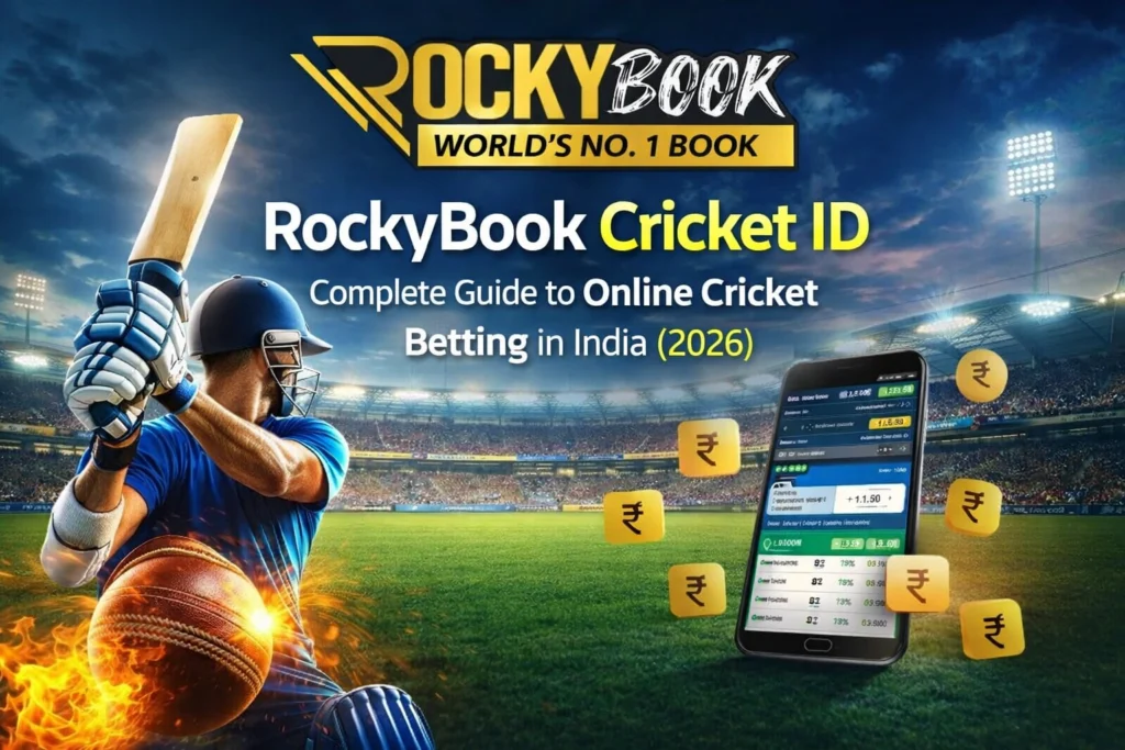 RockyBook Cricket ID online betting guide India 2026 with cricket player and mobile betting interface