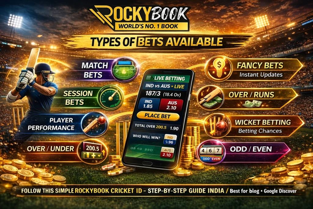 Types of bets available in RockyBook Cricket ID including match betting, session betting, player betting and fancy bets in India