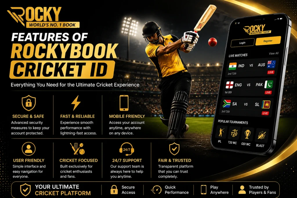 Features of Rockybook Cricket ID banner featuring Rockybook logo, cricket player, mobile platform interface, and key platform features including security, speed, and mobile access.