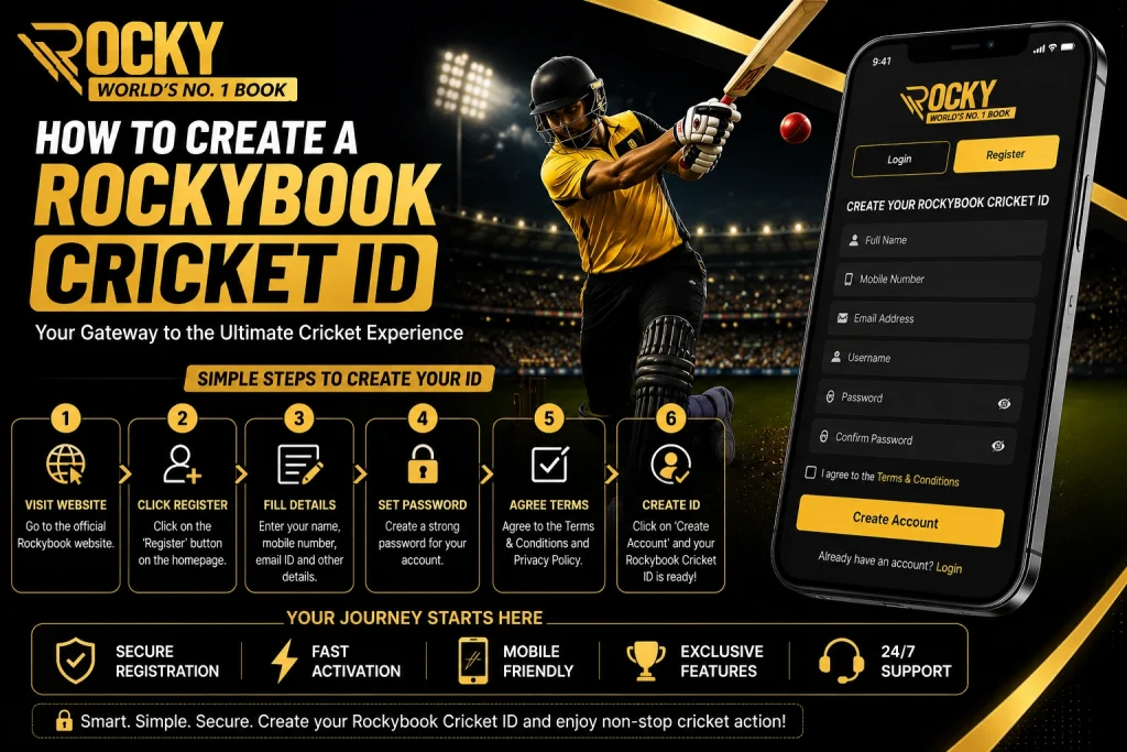 How to Create a Rockybook Cricket ID banner featuring Rockybook logo, cricket player, registration steps, and mobile signup interface.