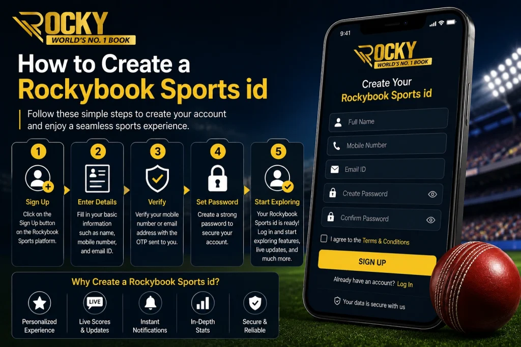 How to Create a Rockybook Sports id step-by-step guide showing registration, verification, password setup, and account creation on a sports platform.