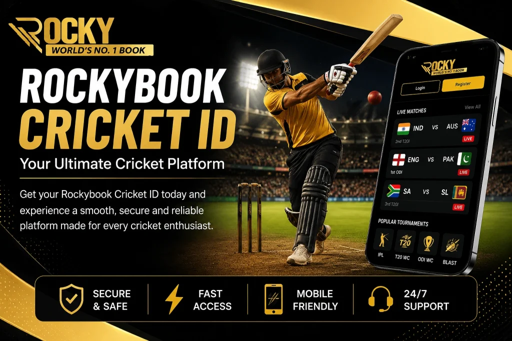 Rockybook Cricket ID banner featuring a professional cricket player, mobile platform interface, and Rockybook logo in a stadium background.