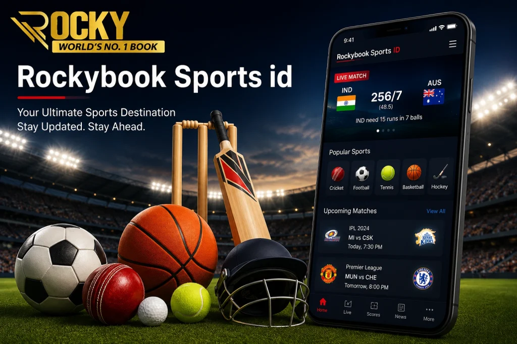 Rockybook Sports id dashboard displayed on a smartphone with cricket, football, basketball, and other sports equipment in a stadium background.