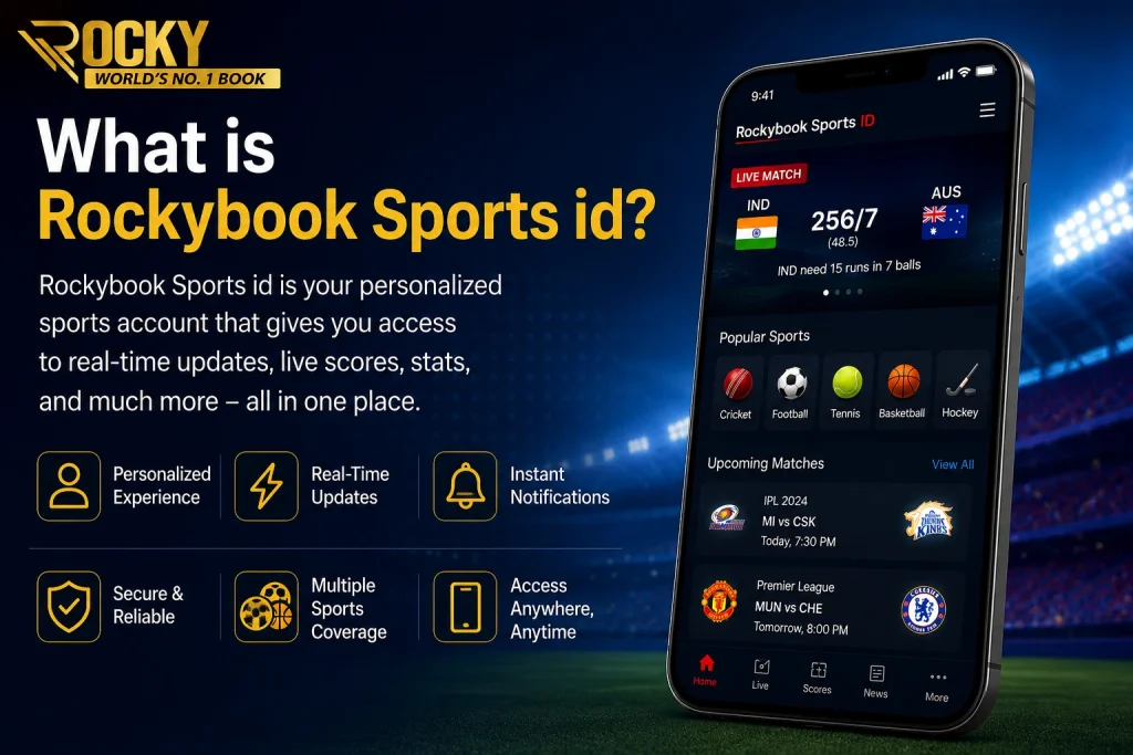 What is Rockybook Sports id infographic showing personalized sports account features, live scores, real-time updates, notifications, and multi-sports coverage.
